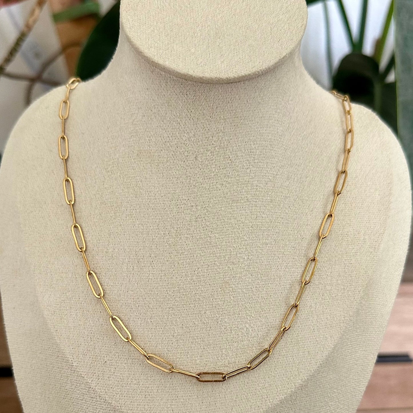 Gold chain necklace on a beige mannequin bust with plants in the background
