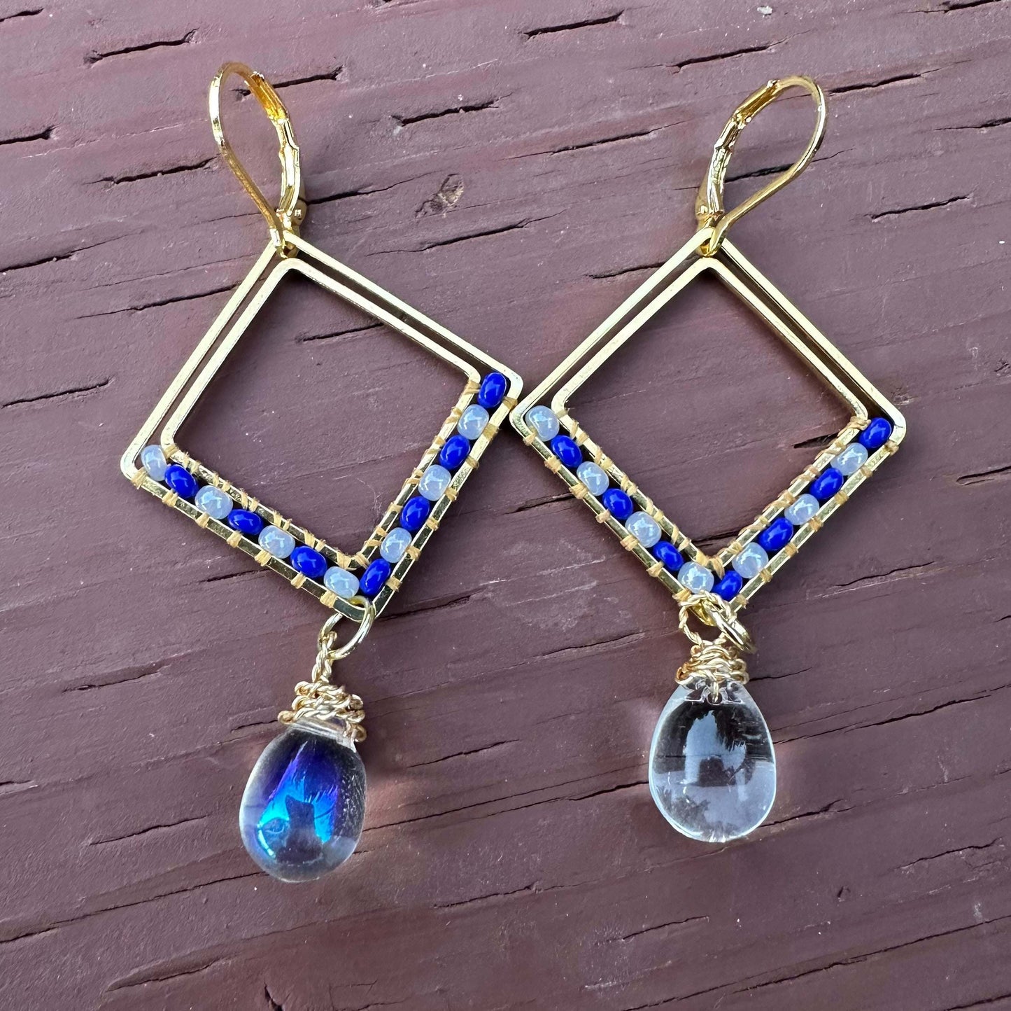 Beaded Earrings - Starlit Window Drops on wood