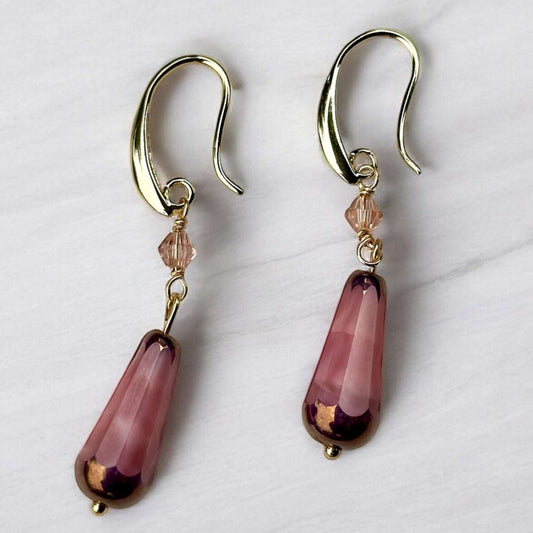 Crystal Earrings - Pink Gildted Raindrops 