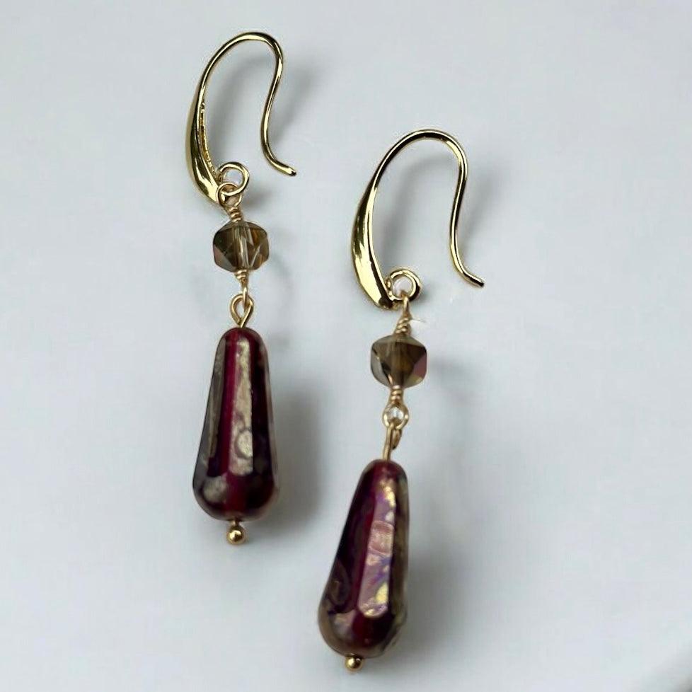 Crystal Earrings - Red Gildted Raindrops 