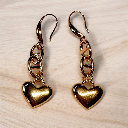 Gold filled earrings with mariners chain and heart pendant