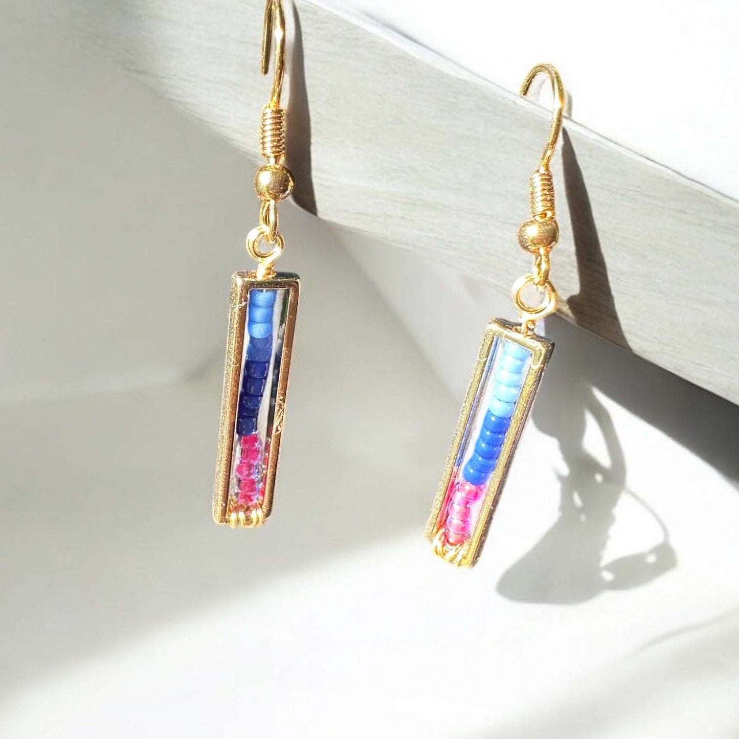 Spectrum strips beaded earrings gold plated ear wire blue and pink color hanging