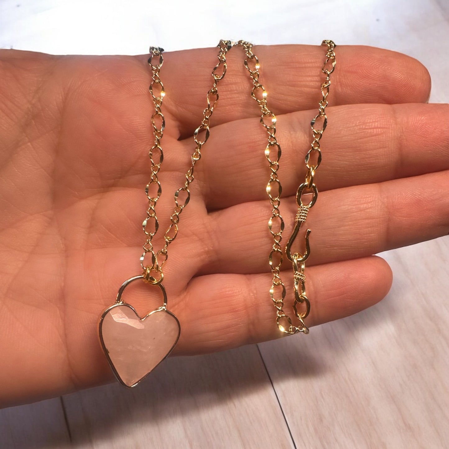 Gold filled Golden Love necklace with heart shaped rose quartz pendant